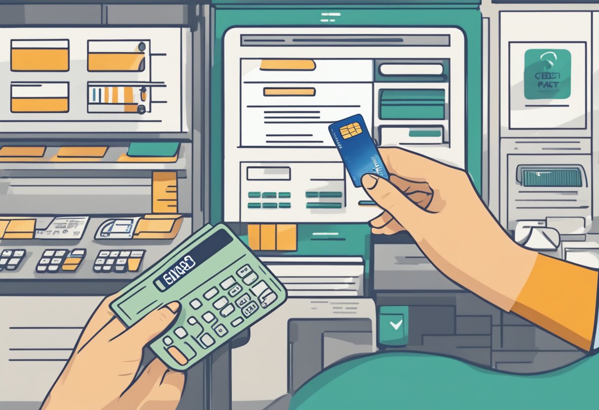 A person swiping a credit card to pay for purchases, with various perks and considerations listed in the background