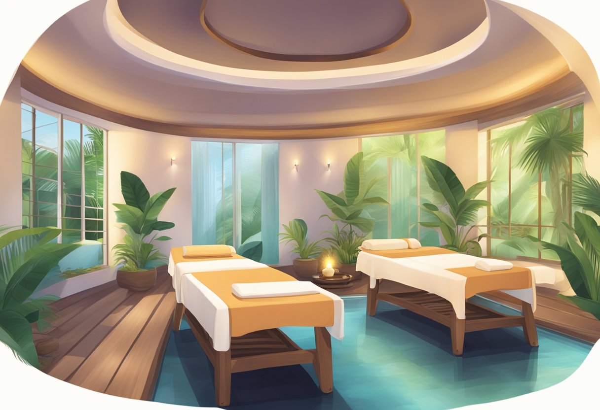 A serene spa room with two massage tables, soft lighting, and tropical decor. Aromatherapy scents fill the air as peaceful music plays in the background