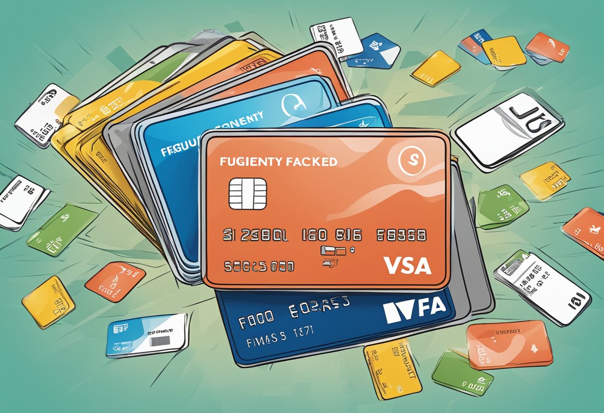 A stack of credit cards with "Frequently Asked Questions" text on a Singapore background