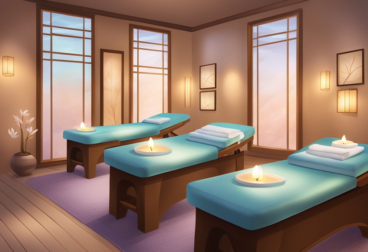 A serene spa setting with two massage tables, soft ambient lighting, and a tranquil atmosphere. Aromatherapy scents fill the air, and soothing music plays in the background