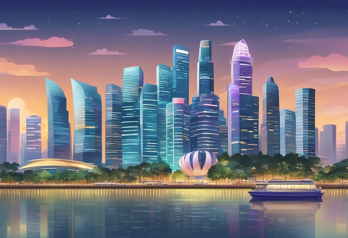 A bustling cityscape with modern skyscrapers and vibrant lights, showcasing the urban energy of Singapore's financial district