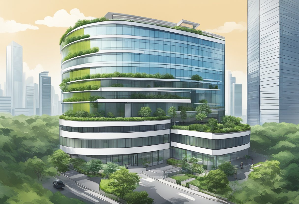 A modern office building with the DKSH Singapore logo prominently displayed on the exterior. Surrounding greenery and a bustling cityscape in the background