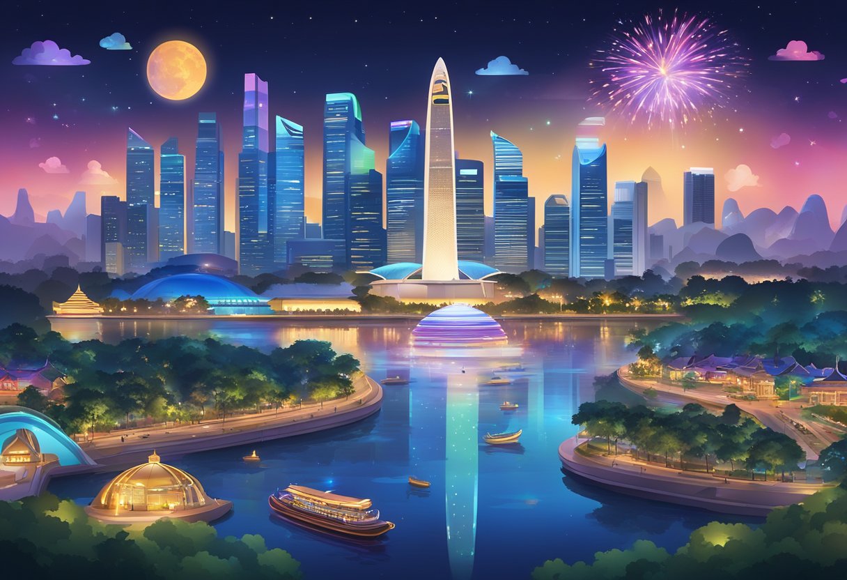 A colorful Singapore skyline with iconic landmarks and the Disney Plus logo shining brightly in the night sky