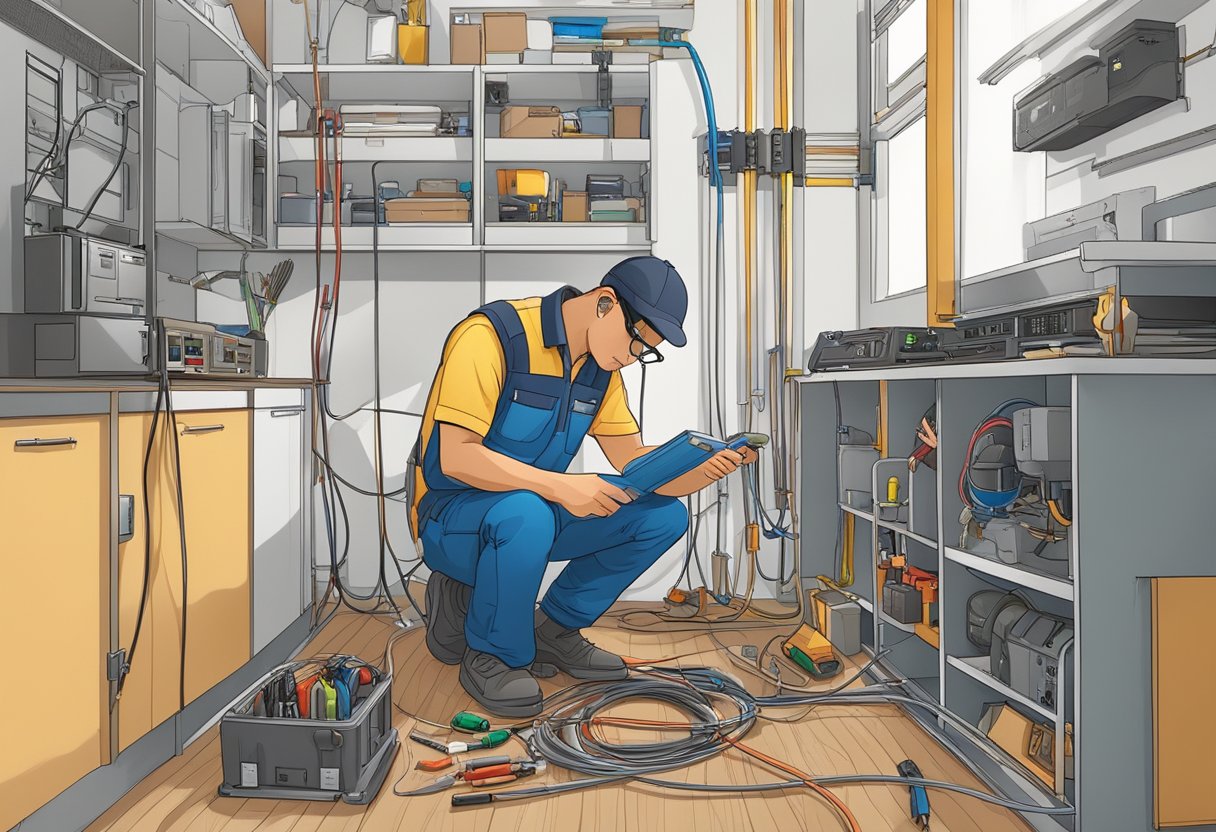 A technician installs electrical wiring in a Singaporean home, surrounded by tools and equipment