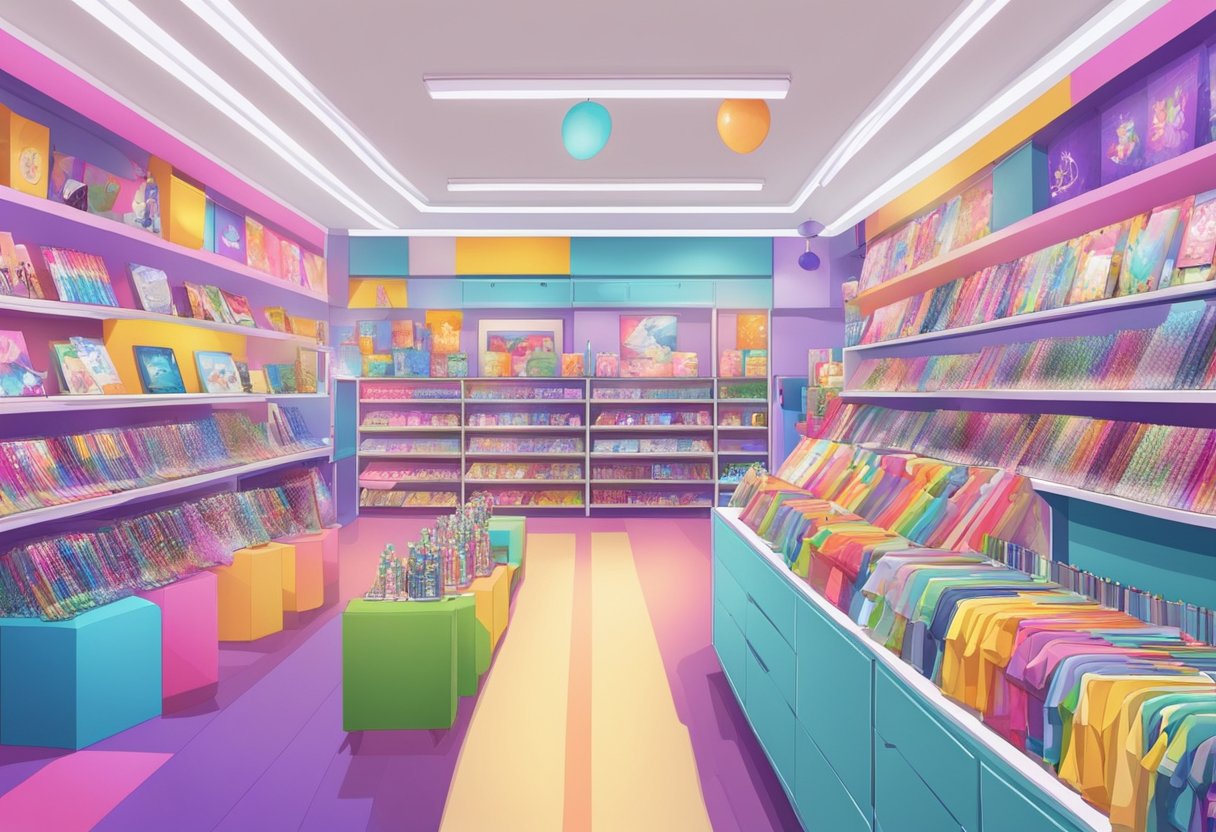 A vibrant kpop store in Singapore with colorful merchandise and posters adorning the walls, playing catchy music and drawing in excited fans