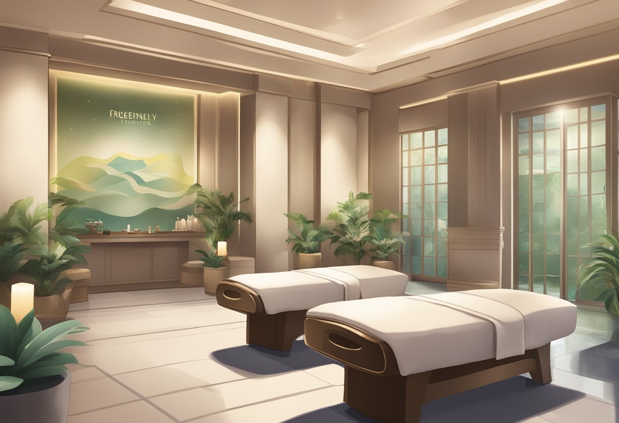 A serene spa setting with two plush massage tables, soft lighting, and a soothing ambiance. A reception desk with a sign displaying "Frequently Asked Questions" in a tranquil spa in Singapore