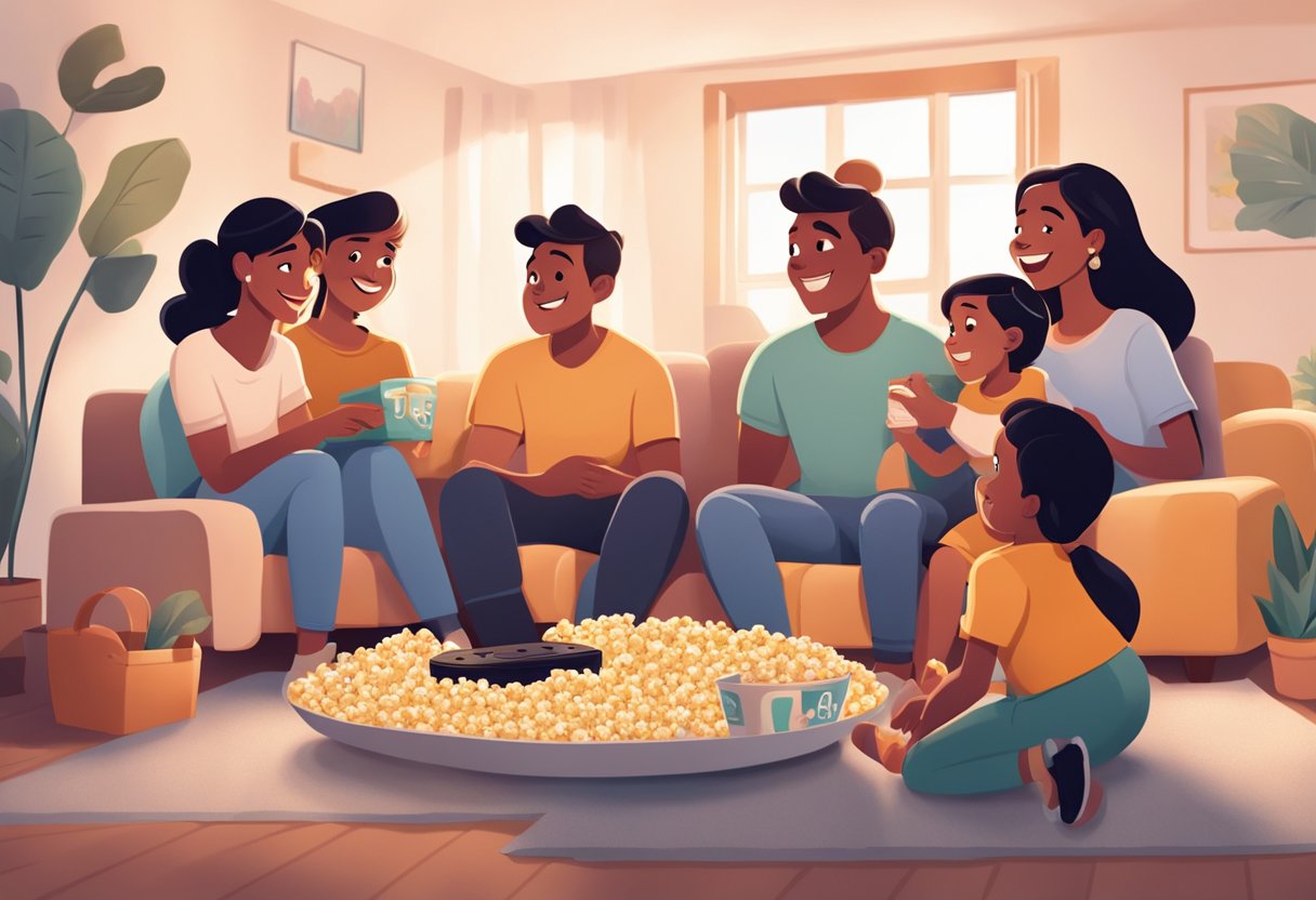 A family gathers around a TV, with the Disney+ logo displayed on the screen. Excited expressions and popcorn suggest a cozy movie night at home
