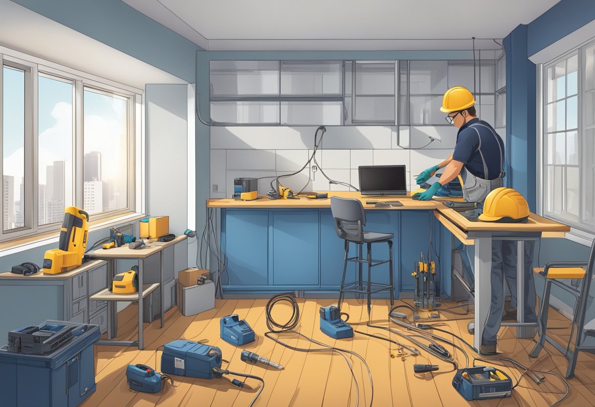 A technician installs electrical wiring in a residential building. Power tools and safety equipment are scattered around the work area