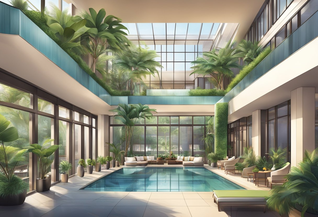 The hotel lobby features a luxurious spa, rooftop pool, and fine dining restaurant, all surrounded by modern architecture and lush greenery