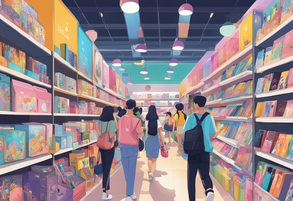 Customers browsing shelves of K-Pop merchandise in a vibrant Singapore store. Posters, albums, and colorful trinkets fill the space