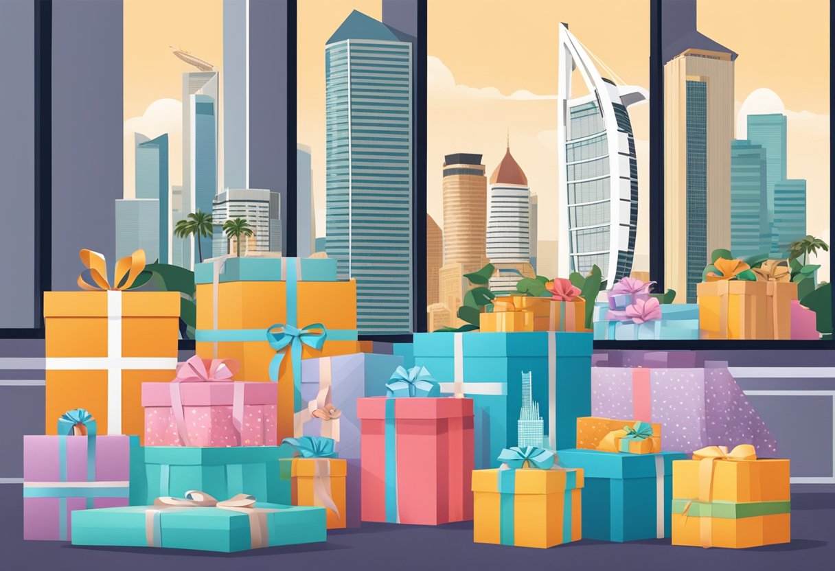 Gift boxes, bags, and ribbons arranged on a table with a backdrop of Singapore landmarks