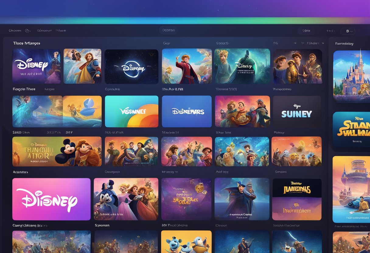 A colorful streaming interface featuring Disney Plus logo and popular movie and show titles, with a user-friendly navigation bar