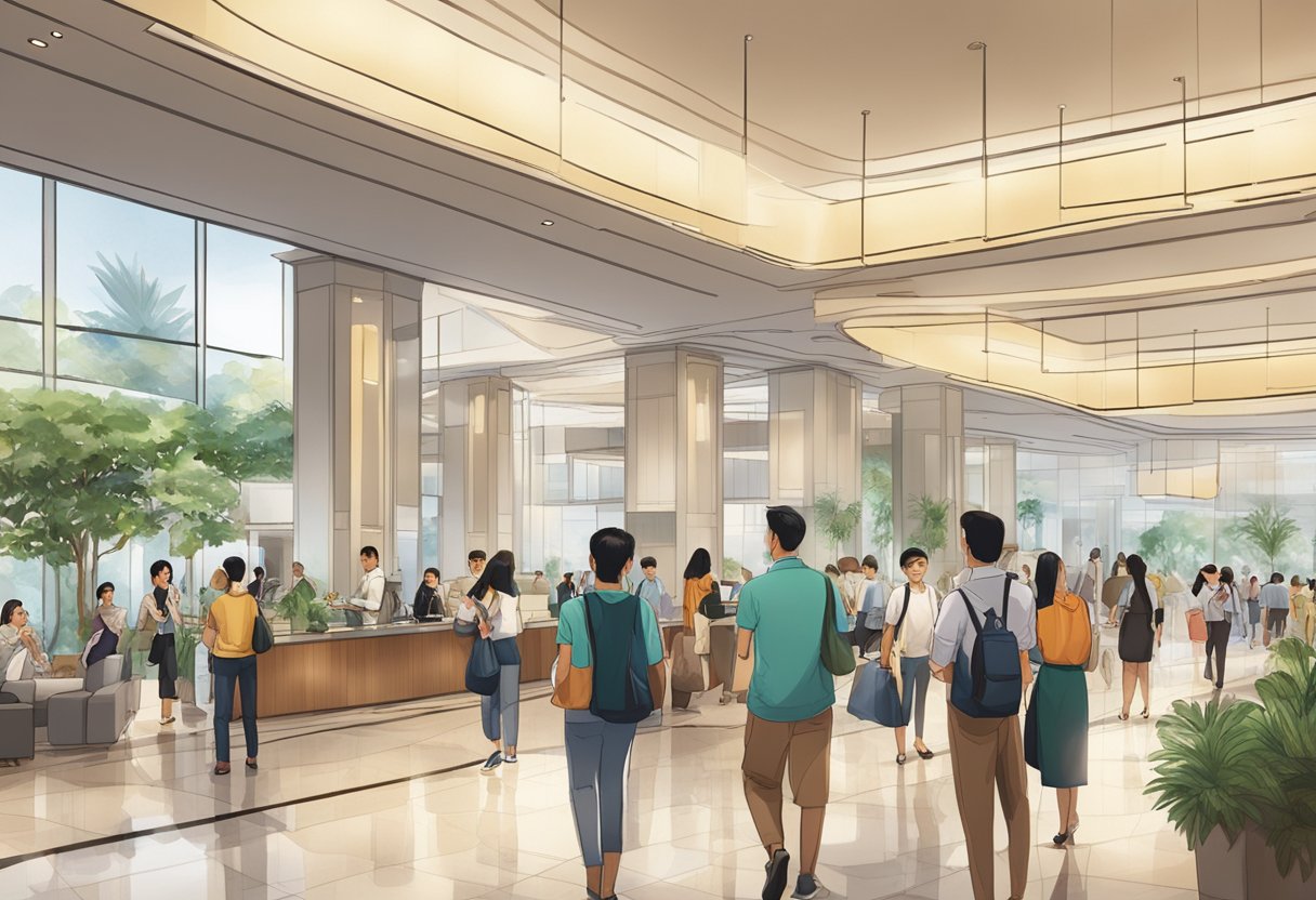 The lobby of One Farrer Hotel in Singapore bustles with guests seeking information at the Frequently Asked Questions station