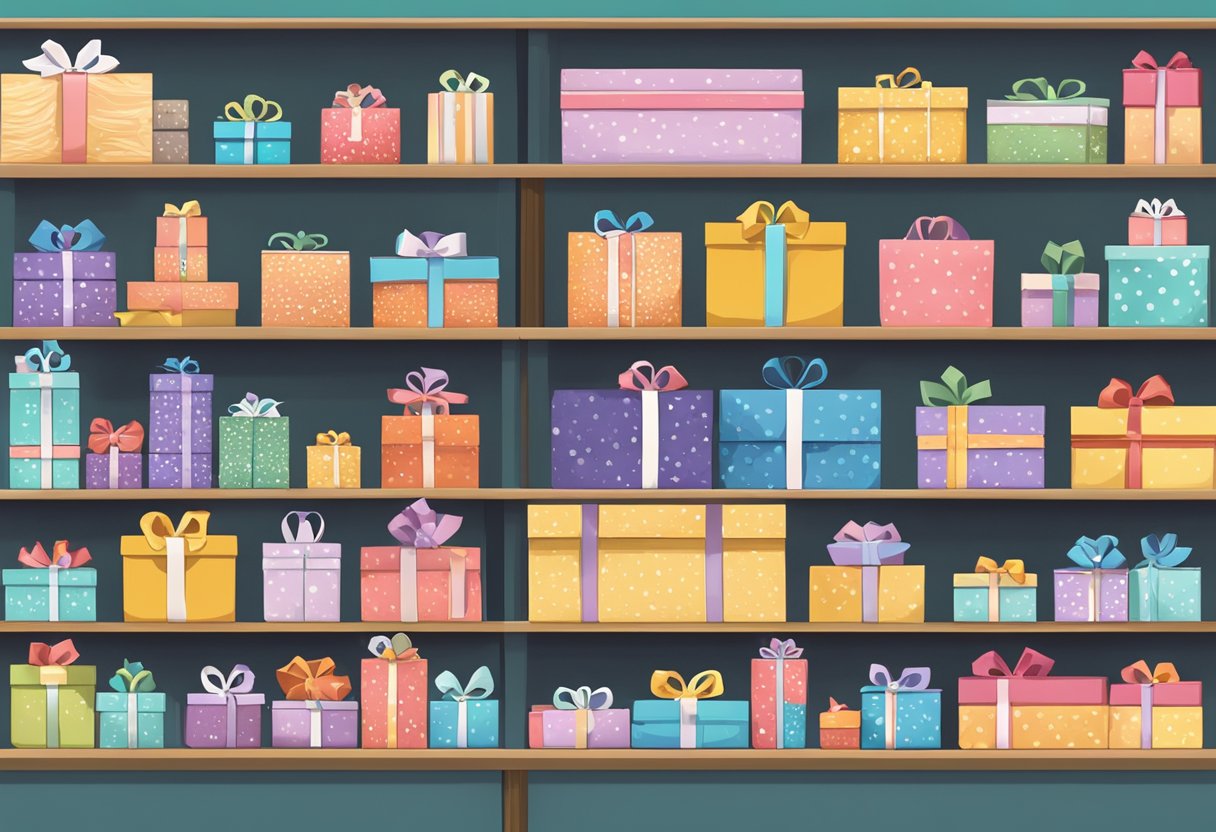 A variety of personalised gifts displayed on shelves in a Singaporean shop