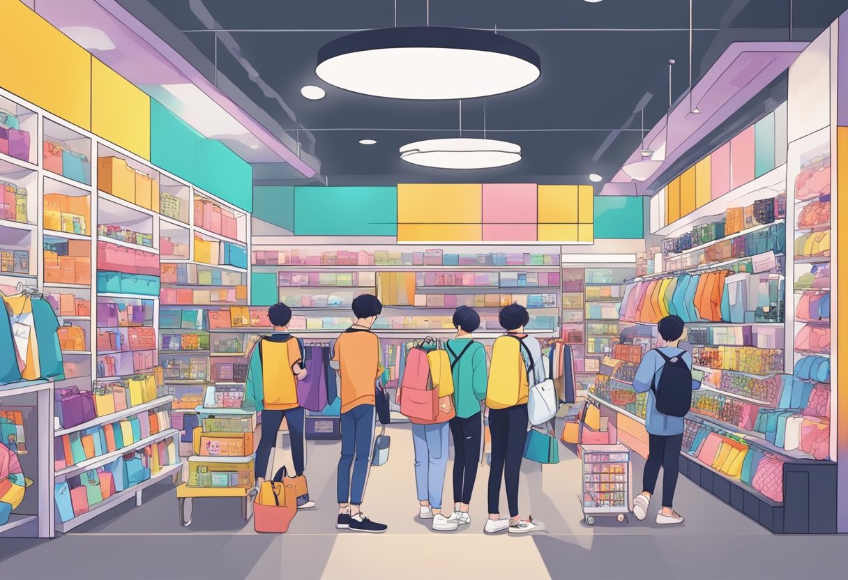 A bustling Kpop store in Singapore with colorful merchandise and excited customers browsing shelves