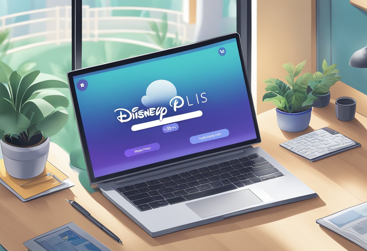 A laptop displaying the Disney Plus Singapore homepage with a list of frequently asked questions and the company's logo at the top