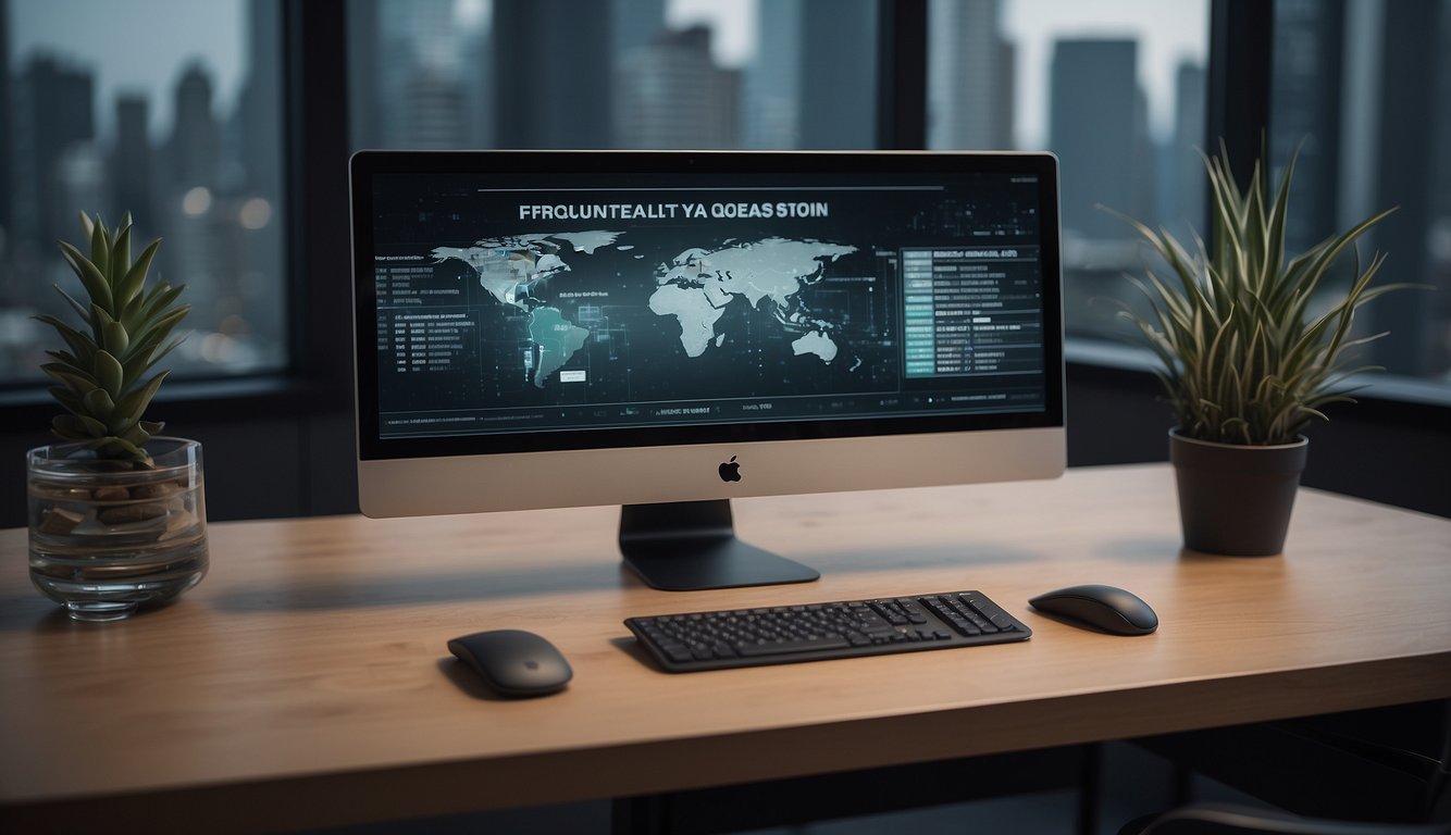 A computer screen displaying "Frequently Asked Questions" on a sleek desk with a modern, minimalist backdrop