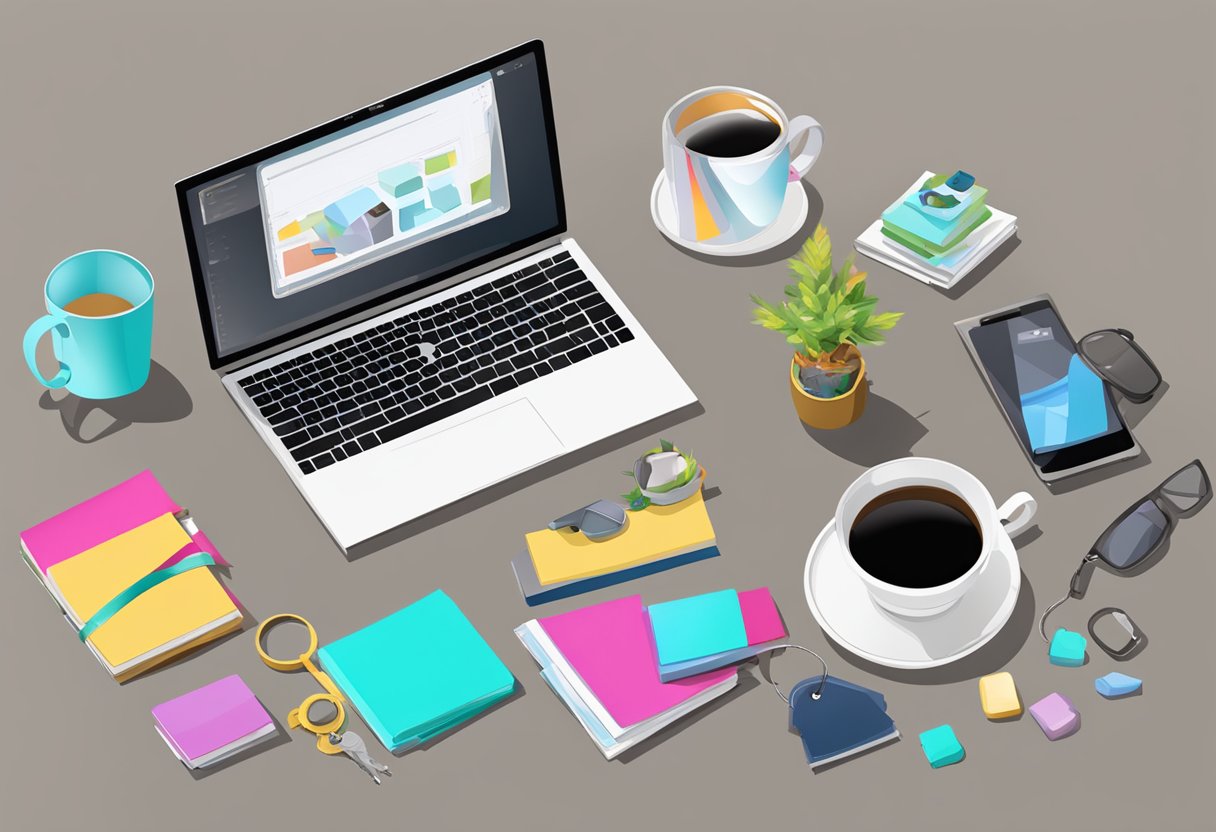 A table with various gift items like mugs, keychains, and photo frames. A computer nearby with a design software open