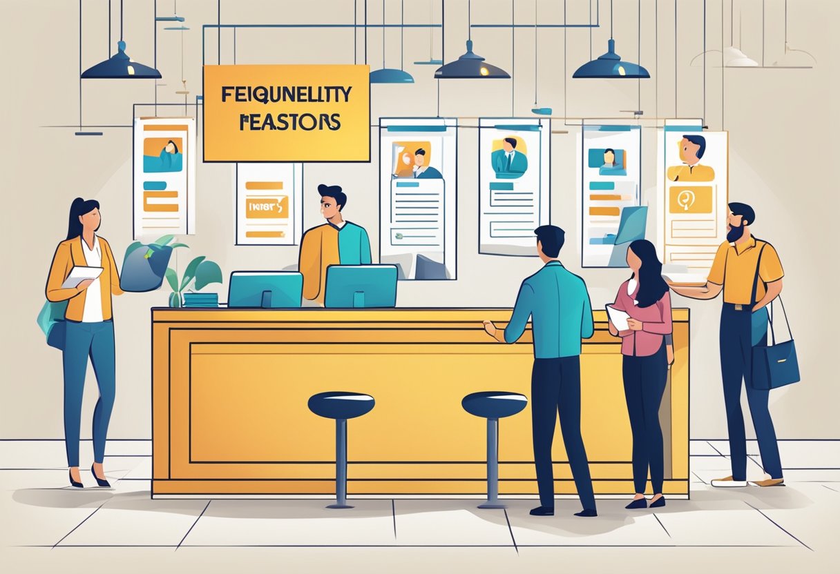 A customer service desk with a sign "Frequently Asked Questions" and people approaching with inquiries