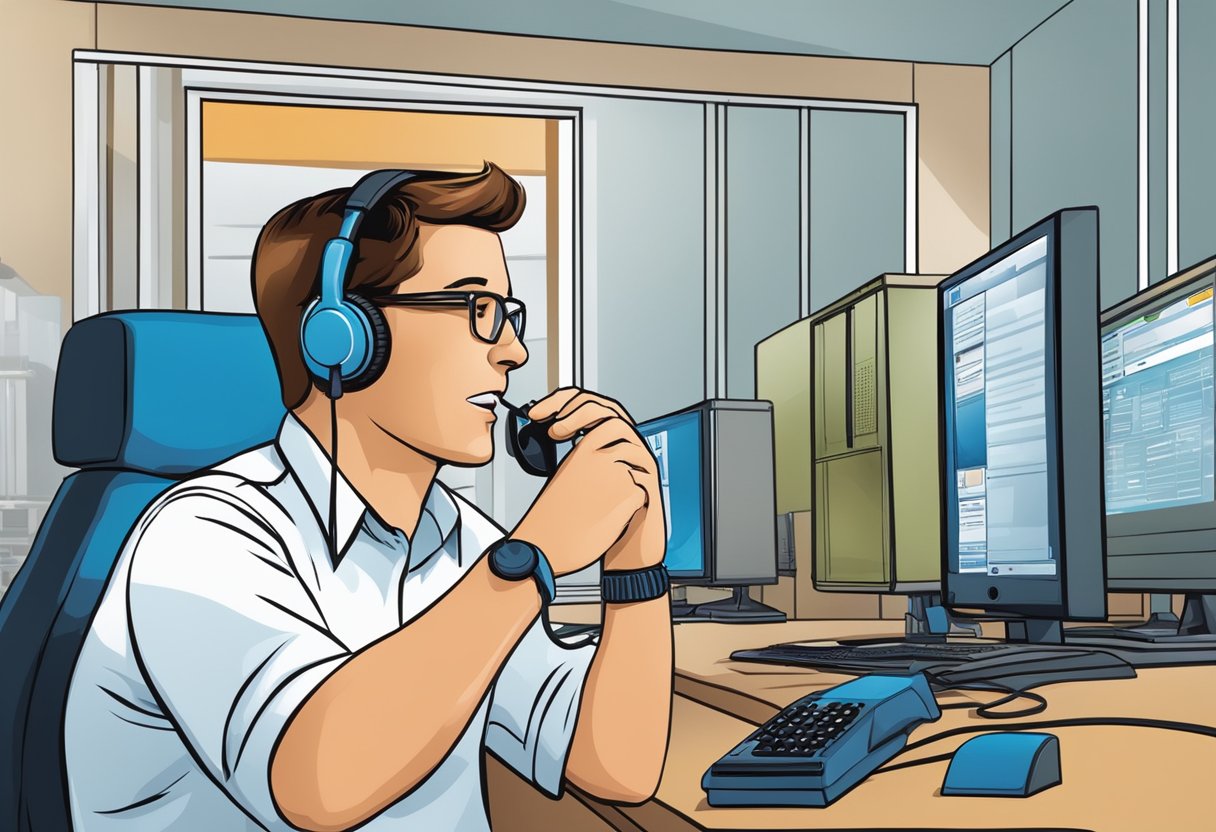 A customer service representative answering phone calls and emails about electrical services