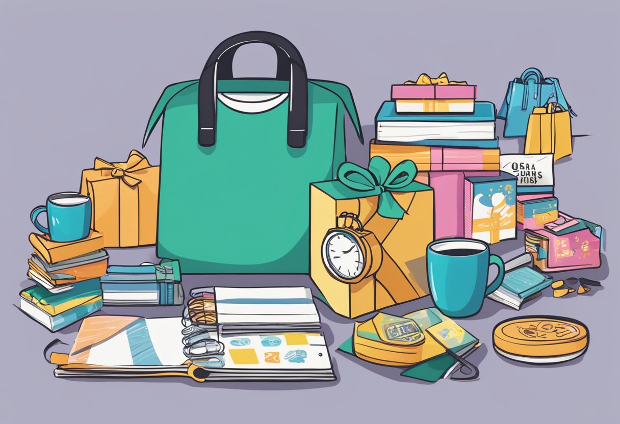 A table with various customised gifts like mugs, keychains, and t-shirts. A sign reads "Frequently Asked Questions customised gifts singapore."