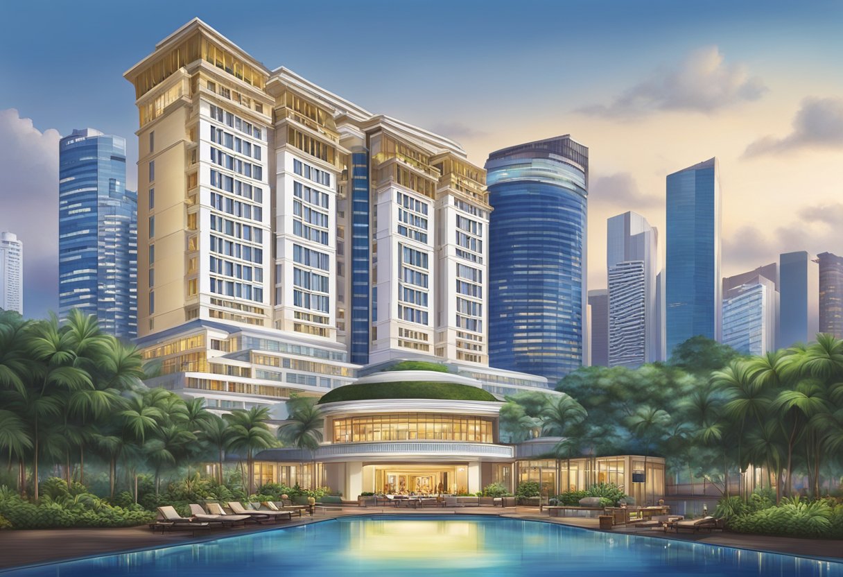 The iconic Furama Hotel in Singapore stands tall against the city skyline, with its modern architecture and luxurious amenities welcoming guests from around the world