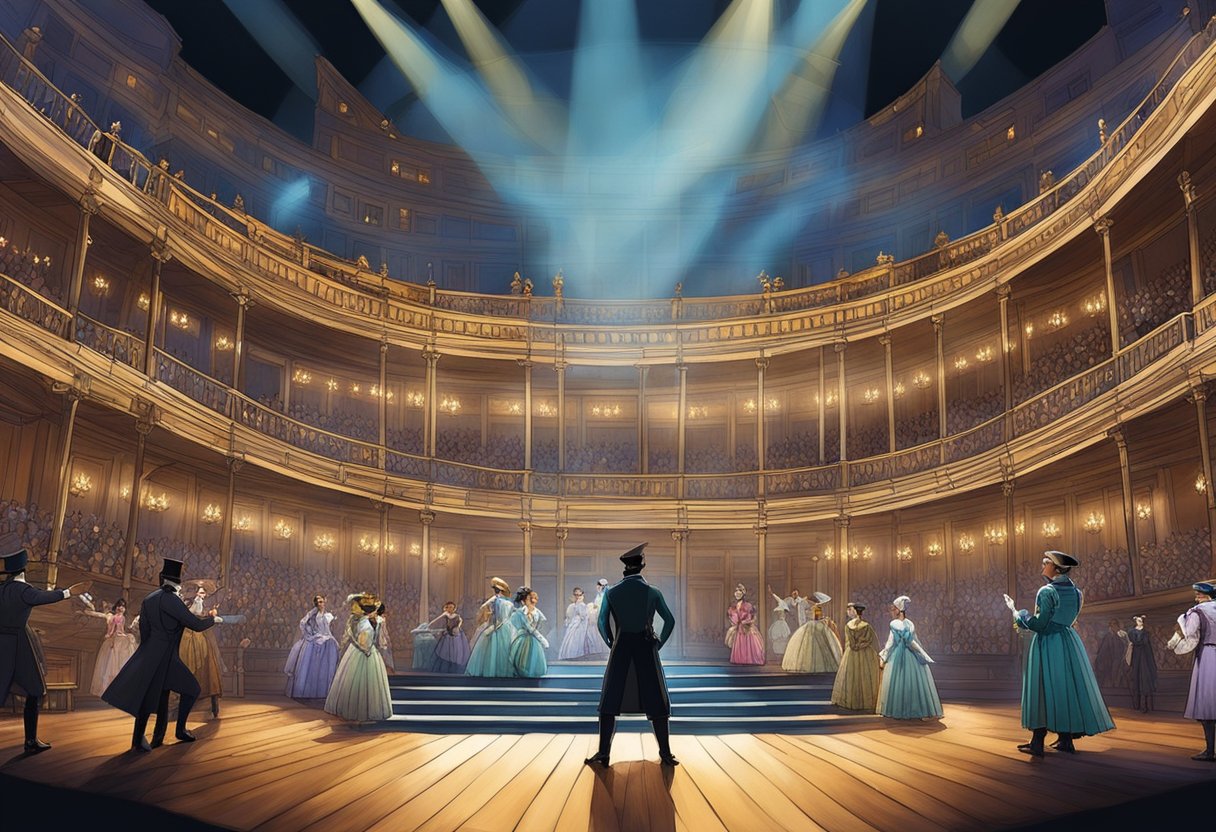 The stage is set with vibrant lights and a grand backdrop, as actors perform in period costumes, bringing the story of Hamilton to life in Singapore