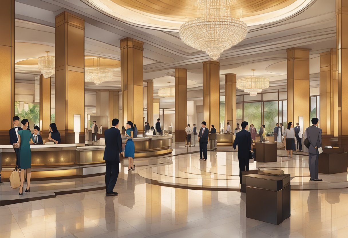 The Marriott Singapore lobby bustles with guests checking in, while the elegant chandeliers cast a warm glow over the polished marble floors
