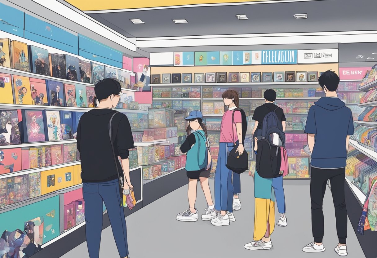 The Kpop store in Singapore bustles with customers browsing merchandise and asking questions. Shelves are lined with albums, posters, and fan merchandise. The store's logo is prominently displayed at the entrance