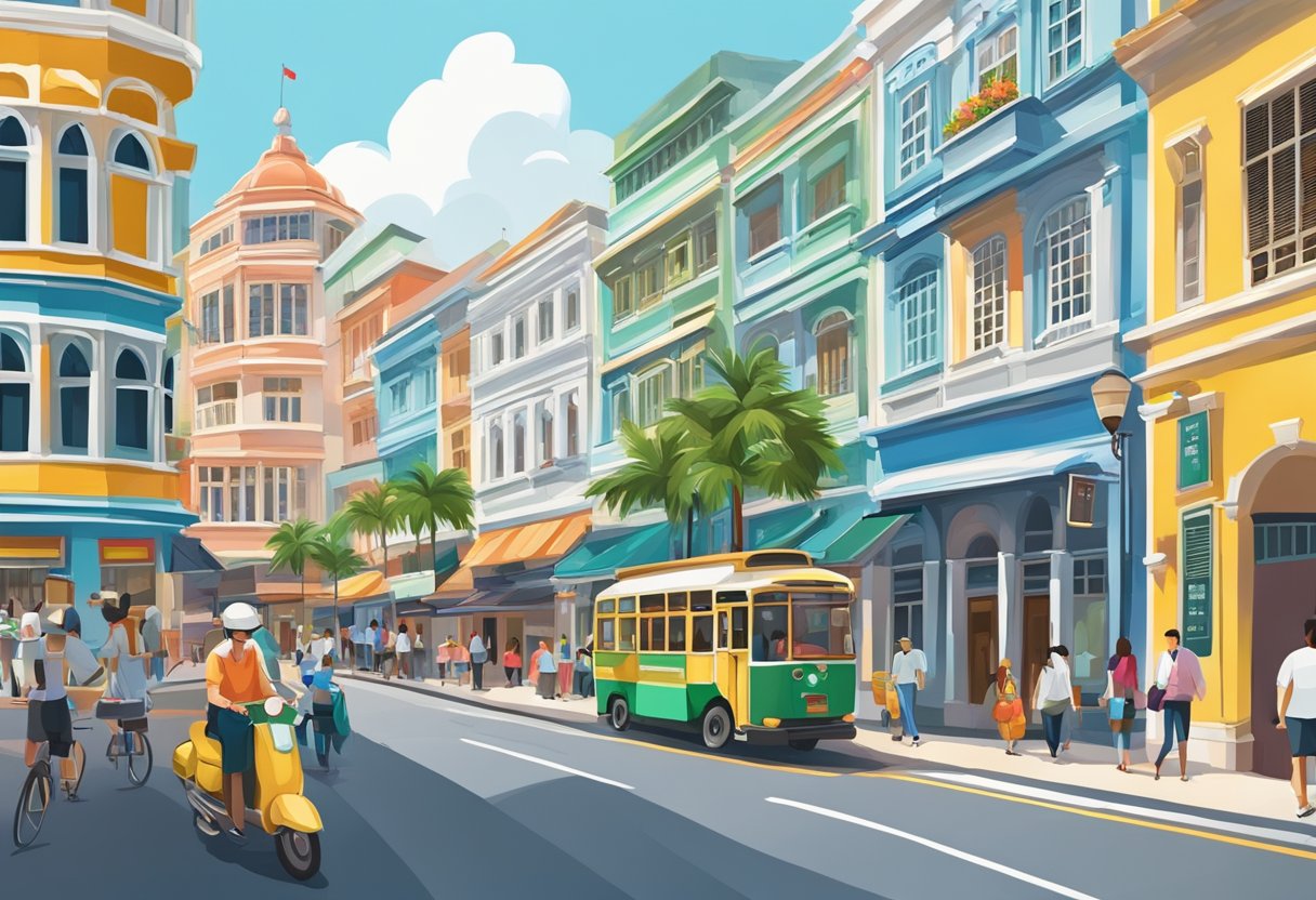 A bustling street in Singapore, with colorful shophouses, palm trees, and bustling traffic. A mix of traditional and modern architecture