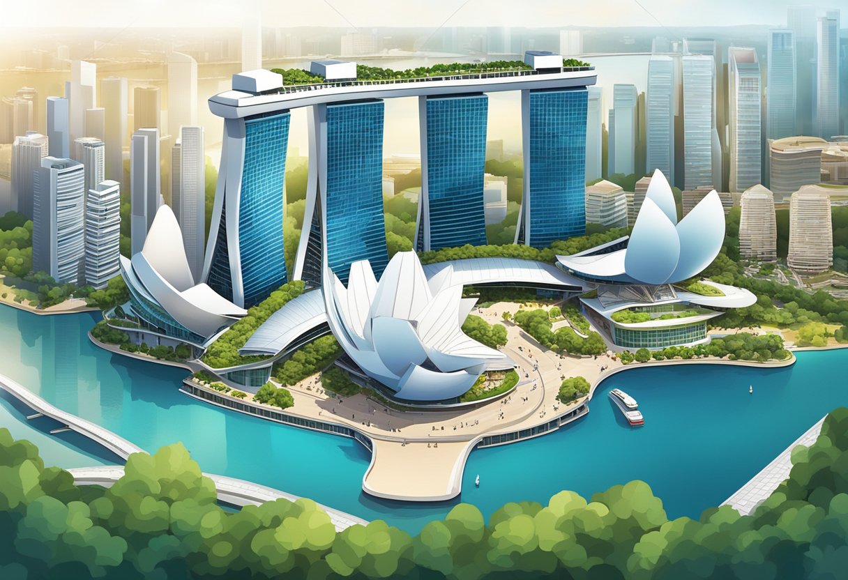 The iconic hourglass-shaped architecture of Singapore's Marina Bay Sands against a backdrop of modern skyscrapers and a vibrant city skyline