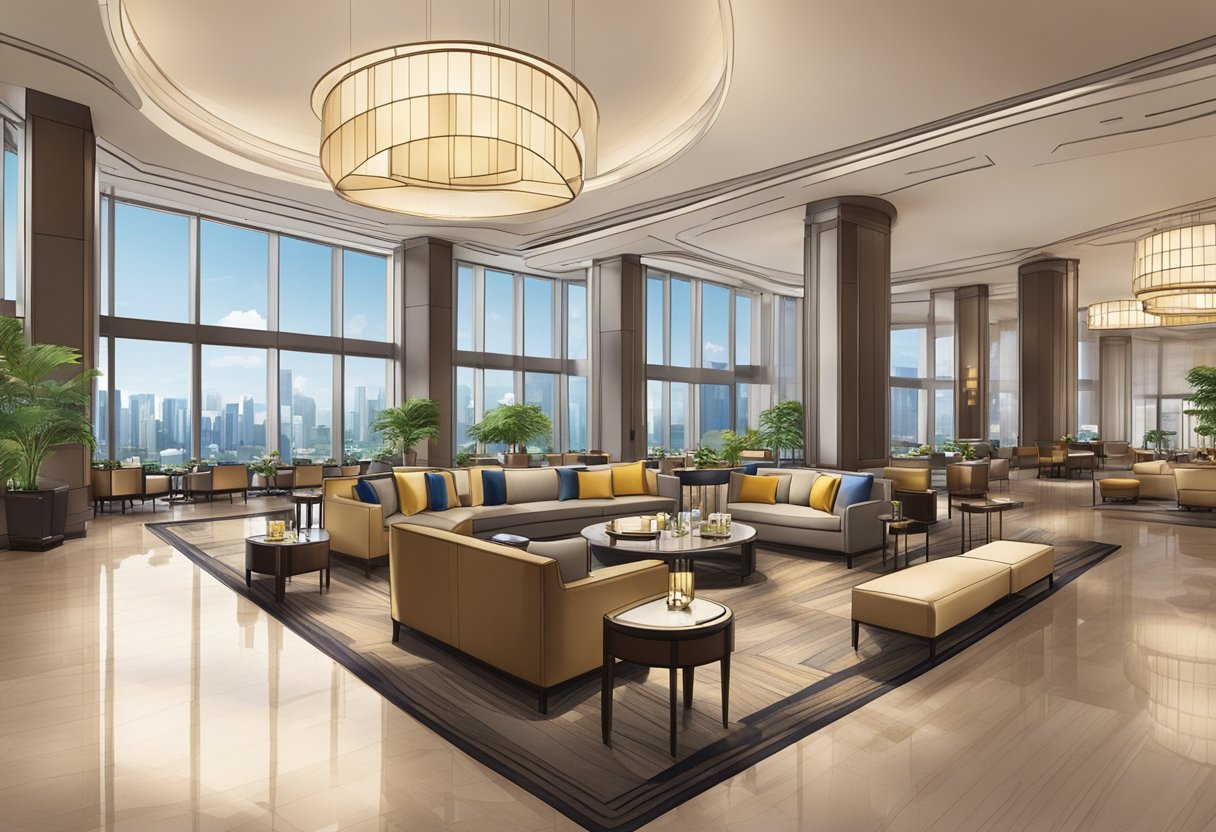 The bustling lobby of the Marriott Singapore, with elegant furnishings, a grand reception area, and a view of the city skyline through the floor-to-ceiling windows