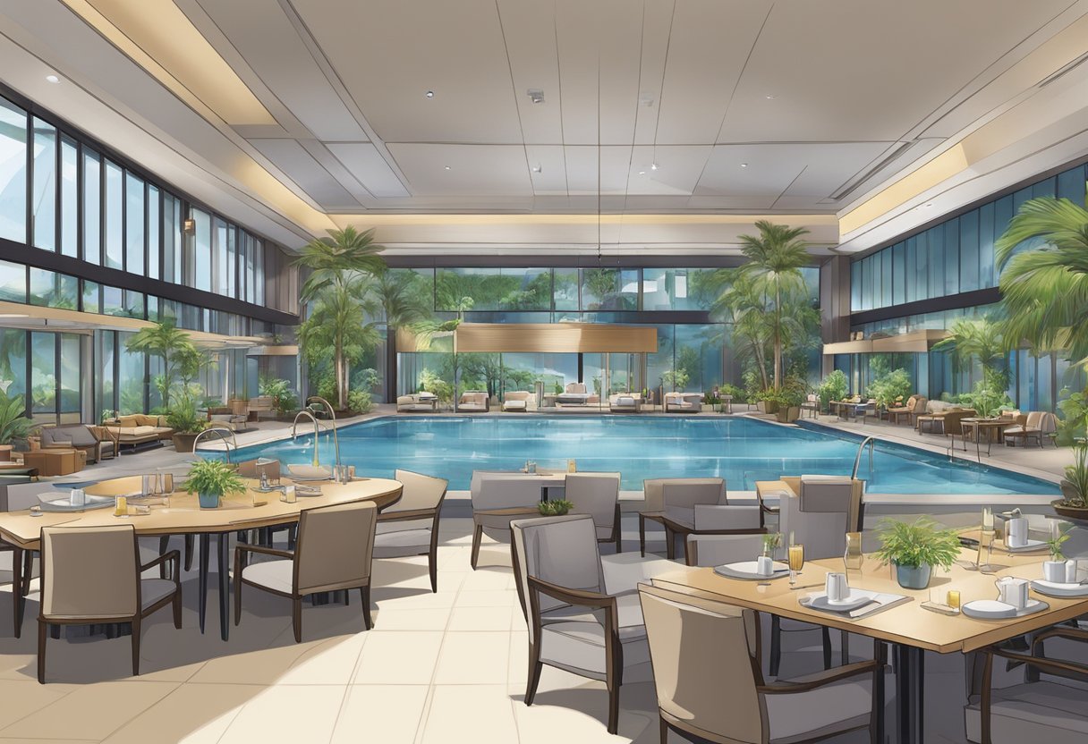 The scene at Furama Hotel Singapore includes a swimming pool, fitness center, spa, and restaurant with outdoor seating. The hotel also offers concierge services, meeting rooms, and free Wi-Fi