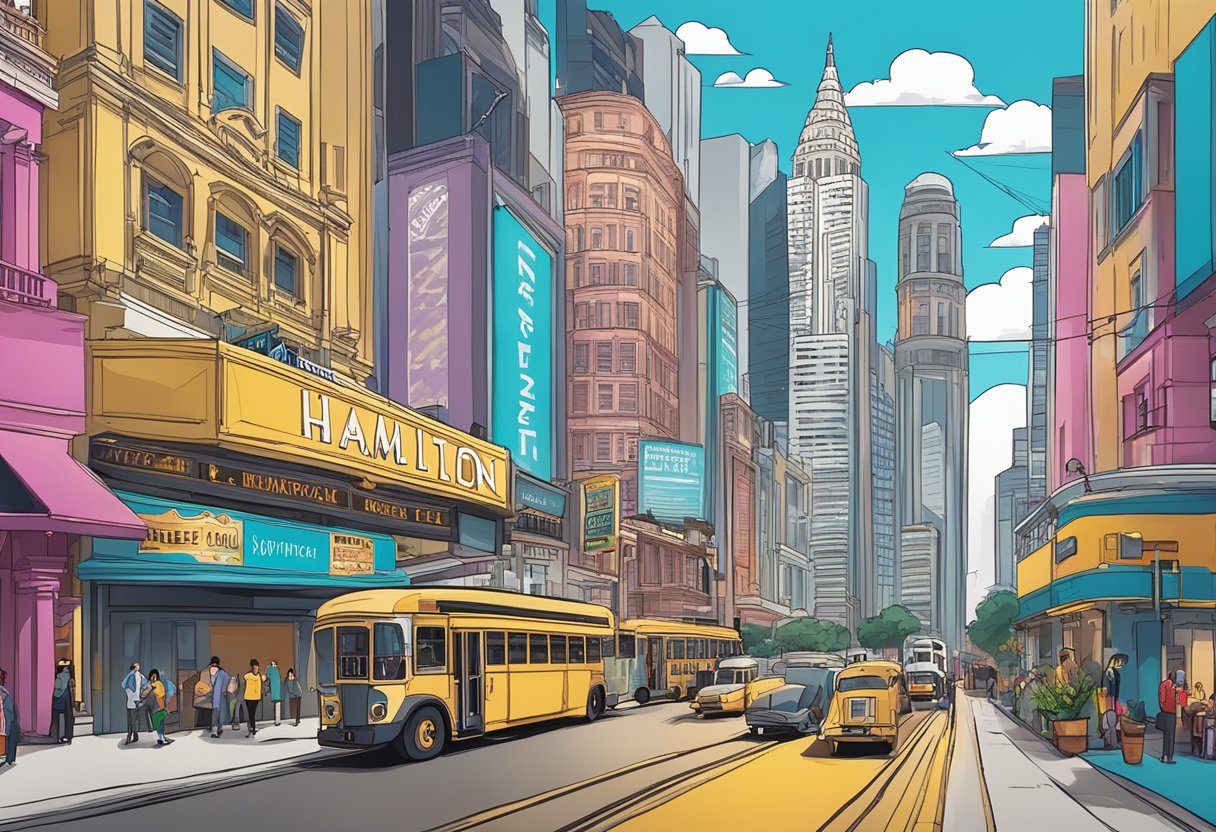 A bustling cityscape with iconic landmarks, vibrant street art, and a theater marquee displaying "Hamilton: The Musical" in Singapore
