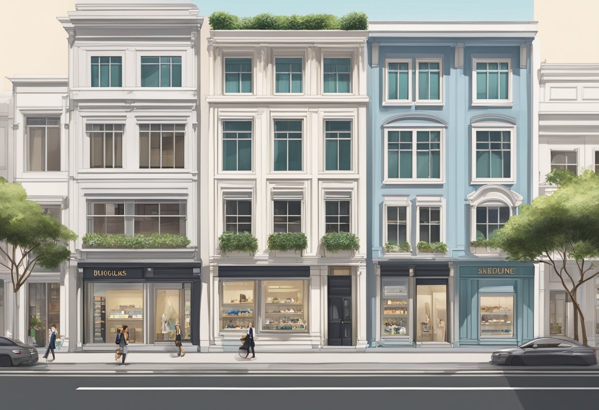 A bustling street lined with elegant boutiques, the Hour Glass Boutique in Singapore stands out with its sleek, modern facade and inviting window displays