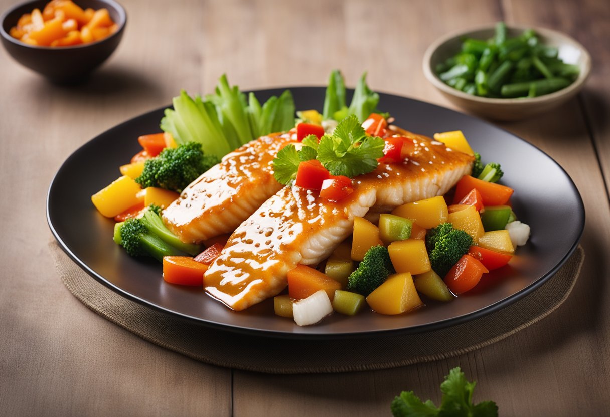 A plate of sweet and sour fish with colorful vegetables and a tangy sauce