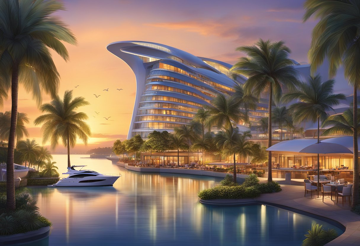 The sun sets over W Singapore Sentosa Cove, casting a warm glow on the luxurious waterfront hotel and its surrounding palm trees and yachts