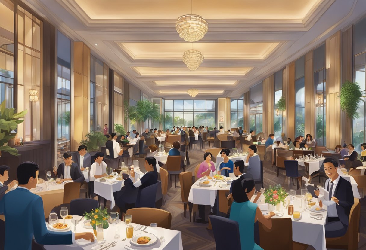 A bustling restaurant with elegant decor and live music at the Marriott Singapore. Tables are filled with diners enjoying their meals while a jazz band plays in the background