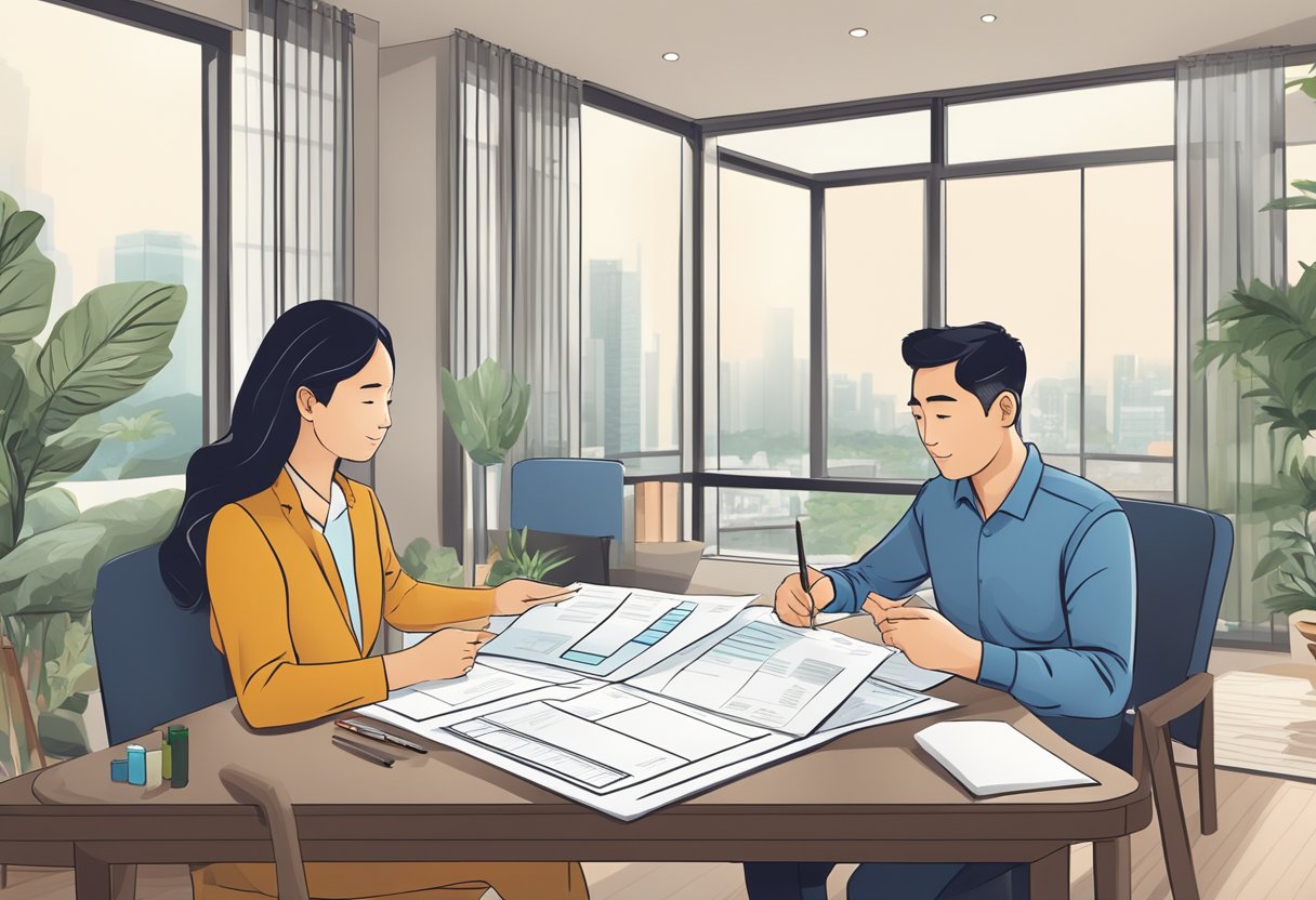 A couple reviewing financial documents for their BTO flat in Singapore. Calculator, budget sheet, and housing loan papers on the table