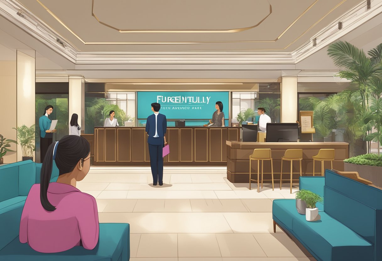 The lobby of Furama Hotel Singapore bustling with guests, a receptionist assisting a customer, and a sign displaying "Frequently Asked Questions" in bold letters