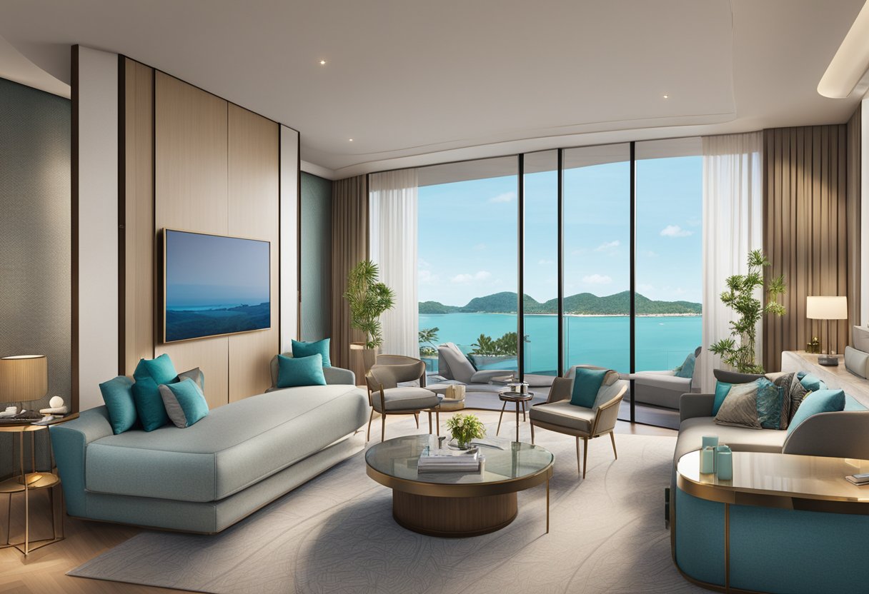A luxurious room with a panoramic view of the ocean, modern decor, and comfortable furnishings at W Singapore Sentosa Cove