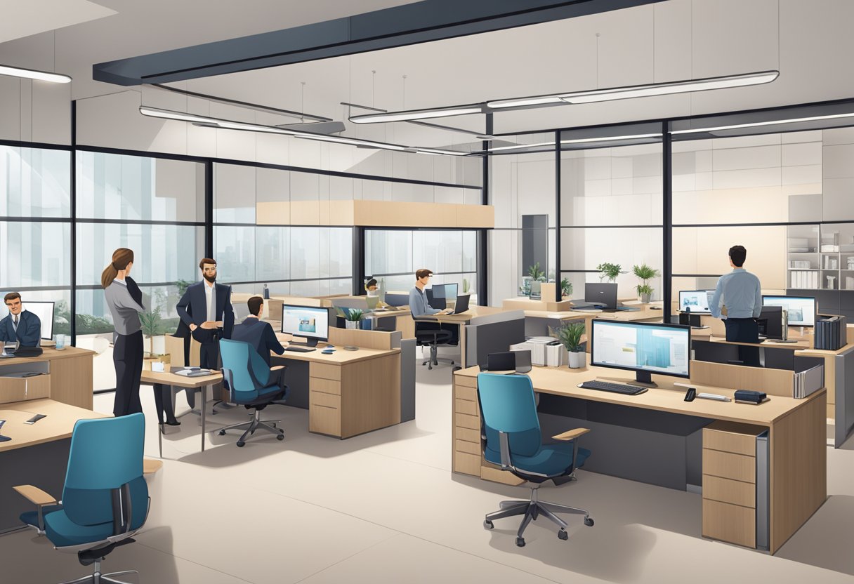 A sleek modern office with The Hour Glass logo displayed, employees working at desks, and a wall showcasing luxury watch brands