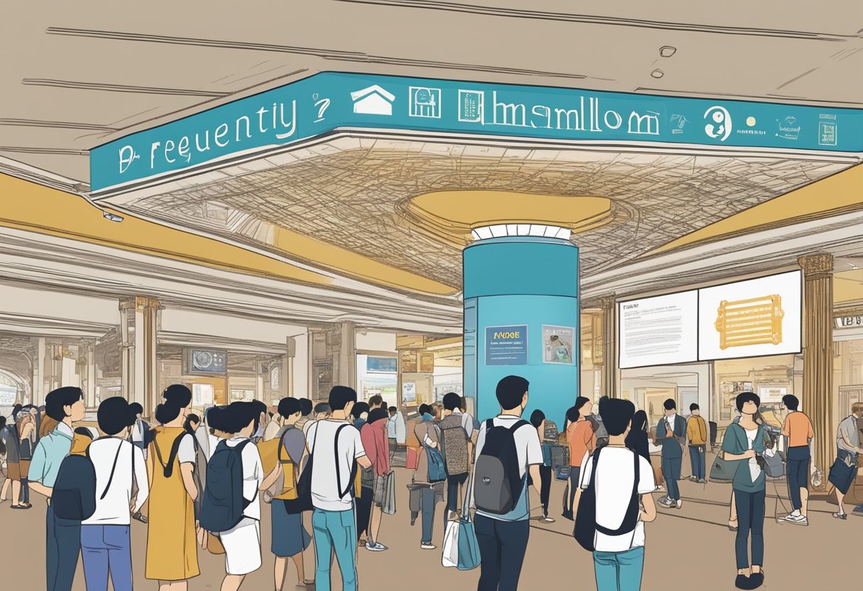 The bustling lobby of the theater, with a large sign reading "Frequently Asked Questions: Hamilton Musical Singapore" displayed prominently. Visitors queue at the information desk, while others scan QR codes for digital programs