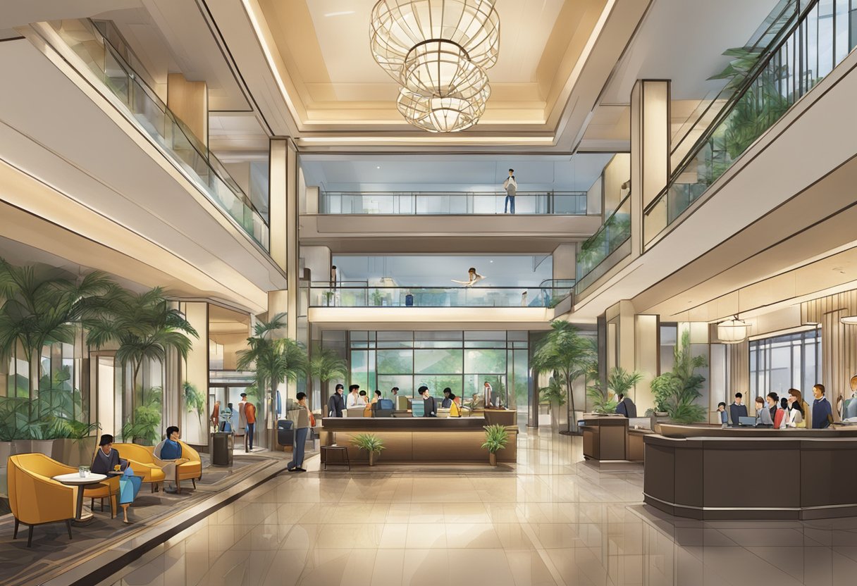 A bustling hotel lobby with a prominent "Frequently Asked Questions" sign at the front desk of Marriott Singapore