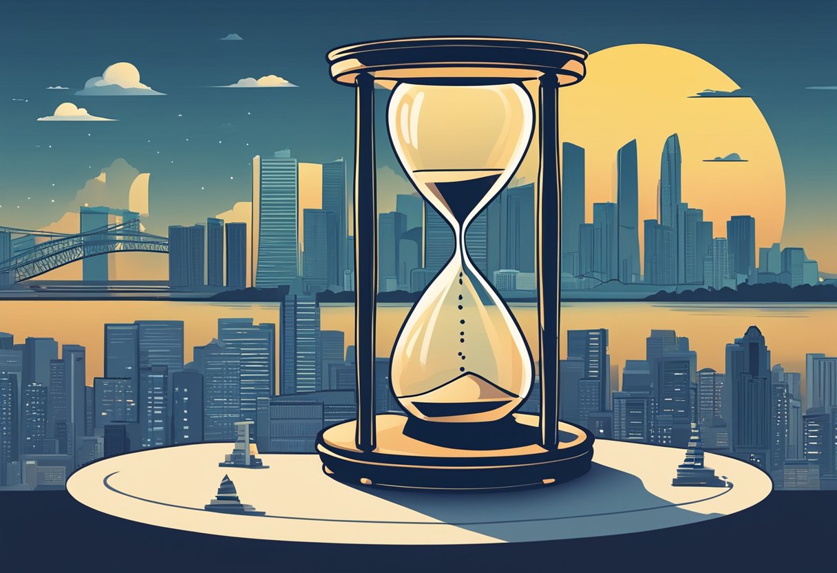 An hourglass with "Frequently Asked Questions" written on it, set against a backdrop of the Singapore skyline