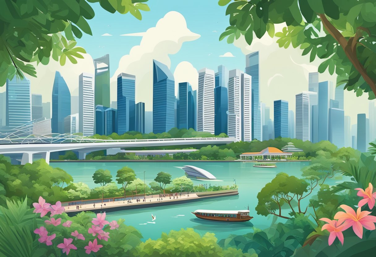 A bustling cityscape of Singapore with iconic landmarks and modern skyscrapers against a backdrop of lush greenery and a busy harbor