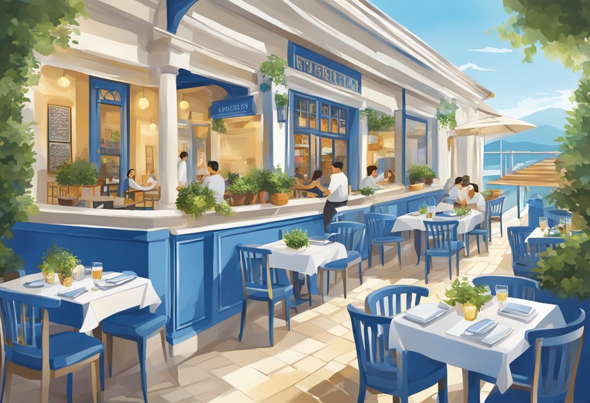 A bustling Greek restaurant in Singapore with outdoor seating, white and blue decor, and a lively atmosphere