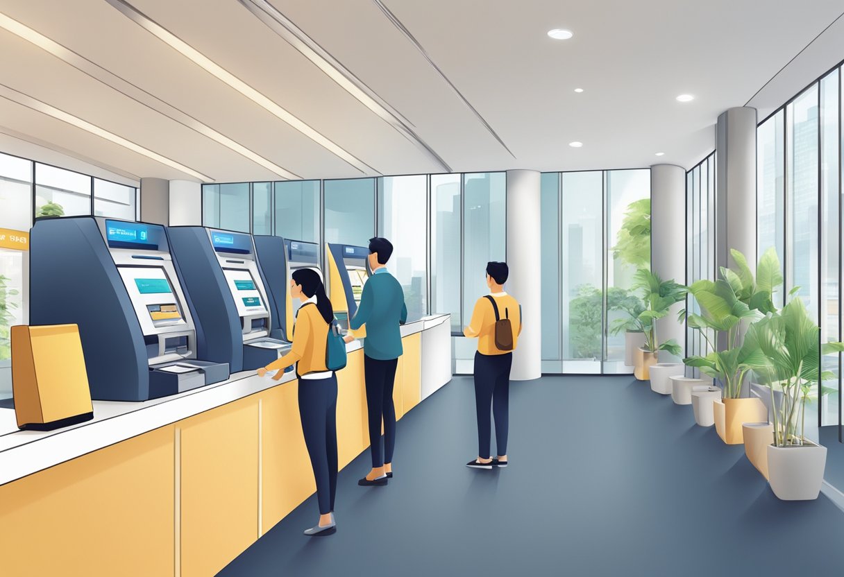 A modern bank branch in Singapore with customers using ATMs and talking to tellers at the counter