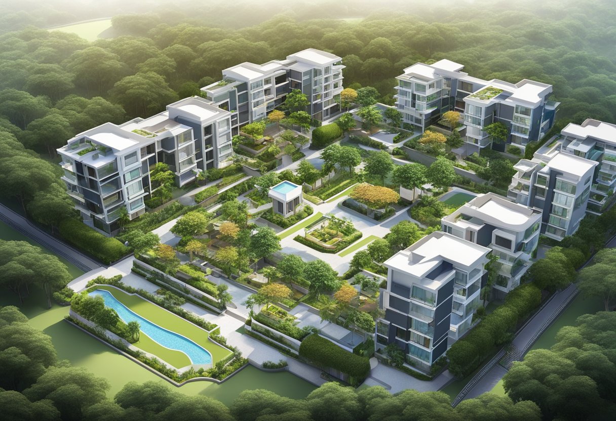 Aerial view of a modern landed property in Singapore with lush greenery and a well-maintained garden, surrounded by other similar upscale homes