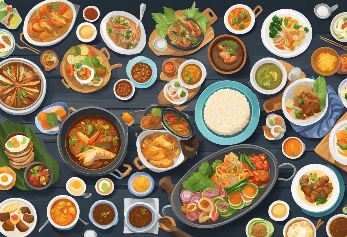 A colorful array of local and international dishes spread out on a long table, with steaming hot pots, sizzling grills, and tantalizing desserts at a bustling lunch buffet in Singapore